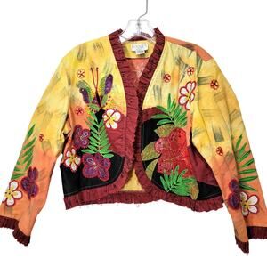 Minnie's Closet Jacket L Art Bling Floral Sequin Butterfly Ruffle Yellow Boho